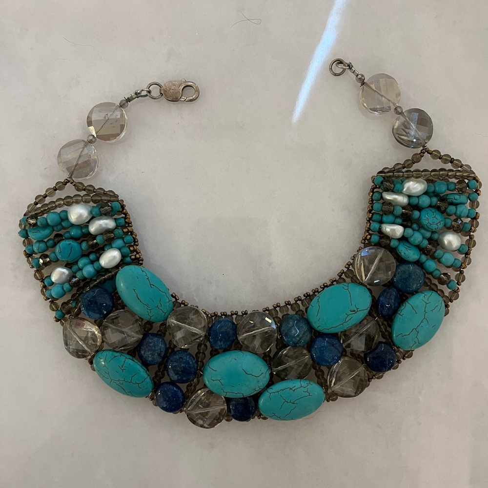 Turquoise and Blue Hand-Beaded Women's Necklace